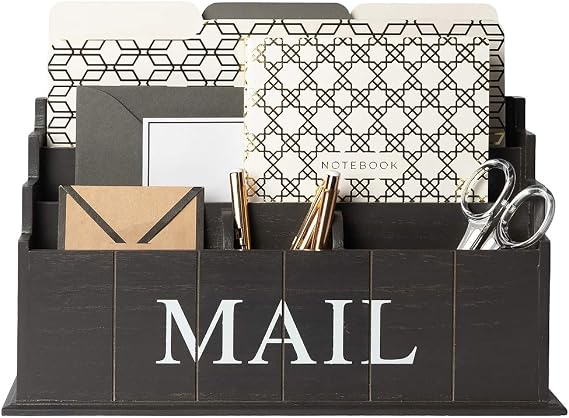BLU MONACO Espresso Brown Wooden Mail Organizer | 3-Tier Rustic Desktop Mail Sorter for Kitchen Counter or Office | Wooden Letter Holder and Bill Storage Caddy | 12.5 x 4.5 x 7 Countertop Organizer