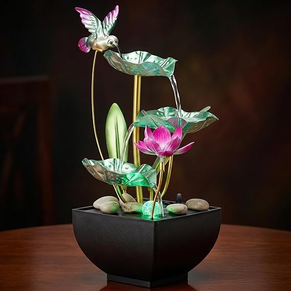 Tabletop Water Fountain with Lights, 3-Tiers Leaf Desk Waterfall with Rocks, Indoor Water Fountains for Home, Office, Bedroom Style 2