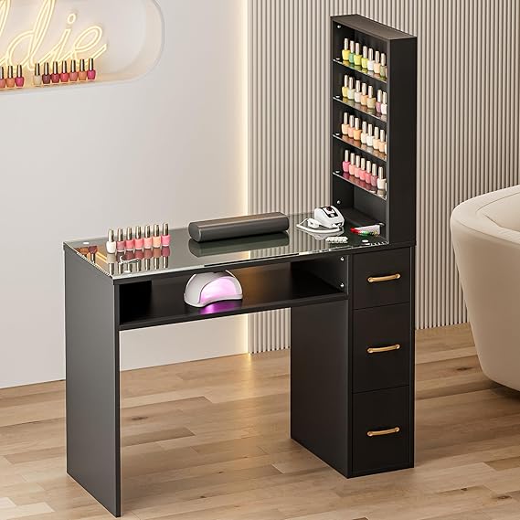 Paddie Manicure Table for Nail Tech with Drawers, Glass Top Nail Desk Station w/Storage Shelves, Wrist Cushion, Golden Handles, Spa Beauty Salon Workstation (Black)