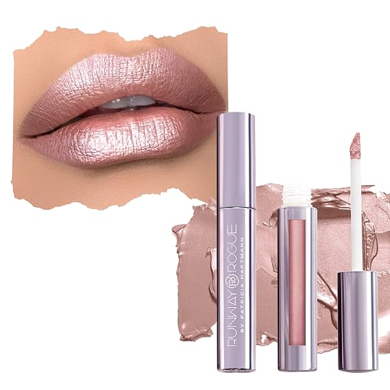 Runway Rogue Pearl Glam Long Wear Shimmer Liquid Lipstick, Metallic Nude/Pale-Pink Lipstick with Silver and Gold Shimmer, Soft Box