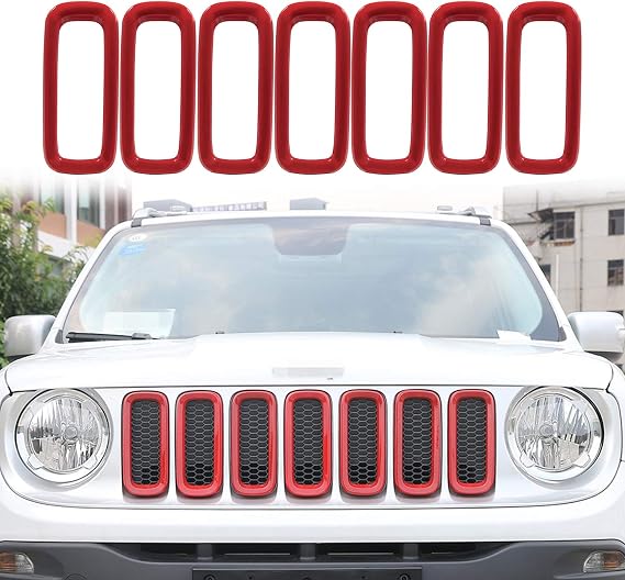 Yoursme Front Grill Grille Inserts Mesh ABS Grill Guard Cover Trim Red 7PCs for Jeep Renegade 2015 2016 2017 2018