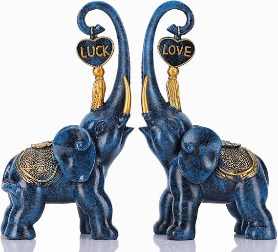 DOVDOV Blue Elephant Statue 2 Piece Set, Love Elephant Sculpture, Blue Home Decor Elephant, Office Bookshelf Bookcase Desk Top Decor.