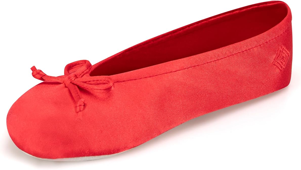 Isotoner Women's Satin Ballerina Slippers with Classic Ribbon Bow and Suede Sole