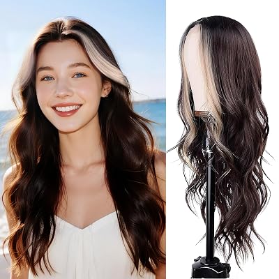 Brown Mixed Blonde Wig for Women 26 Inch Long Wavy Synthetic Wig with Middle Part Natural Looking Heat Resistant Hair Wig for Daily Wear, Cosplay, Party & Halloween