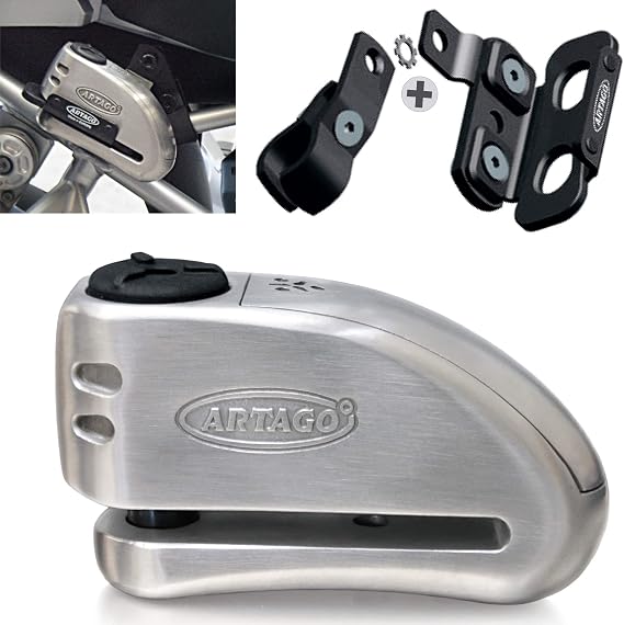 Artago 32S1 High-End Motorcycle Disc Lock Alarm 120db and Support for BMW R1200GS, R1250GS, Triple Locking 15, SRA Approved, Don't Touch Warning Function, Stainless Steel