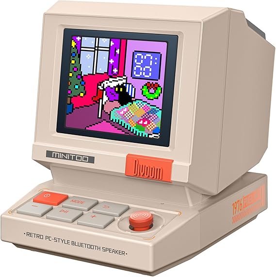 Divoom MiniToo Retro PC-Style Bilgisayar Hoparlörü, akıllı piksel ekranı ve kendi resimlerinizi oluşturma özelliği, Bluetooth ve USB Ses, beyaz gürültülü alarm/zamanlayıcı, yatak odası için hediye