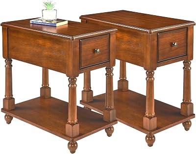 Narrow End Table with Drawer and Storage Shelf Set of 2, Solid Wood Sofa Side Tables, Slim Beside Table for Small Spaces, Living Room, 22L x 13W x 22.3H No-tools Assembly Caramel Brown BBJ004DR