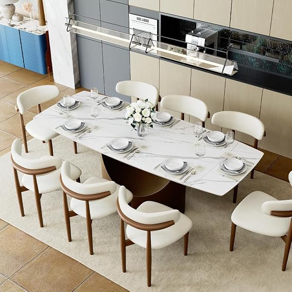 POVISON Extendable Dining Room Table 6-8, 71-95" Expandable Modern Dining Table for 6-10, Rectangular Glossy White Sintered Stone Tabletop for Dining Room, Bronze Base (Dining Table Only)