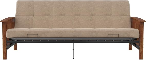 DHP Brixen Cherry Wood Arm Metal Futon Frame with 6-Inch Mattress, Full, Tan