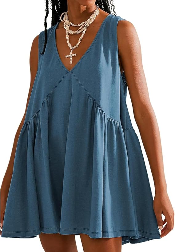 Xixiuly Women's V Neck Mini Dress Summer Casual Sleeveless Flowy Pleated Hem Babydoll Tank Dress with Pockets Beach Sundress