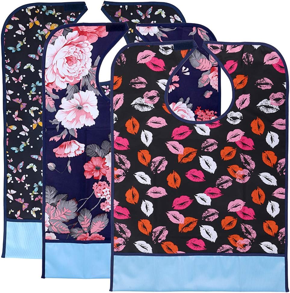 BTSKY 3Pcs Waterproof Reusable Adult Bibs - Washable Mealtime Protector Bib Clothing Protector with Crumb Catcher FlowerLipButterfly