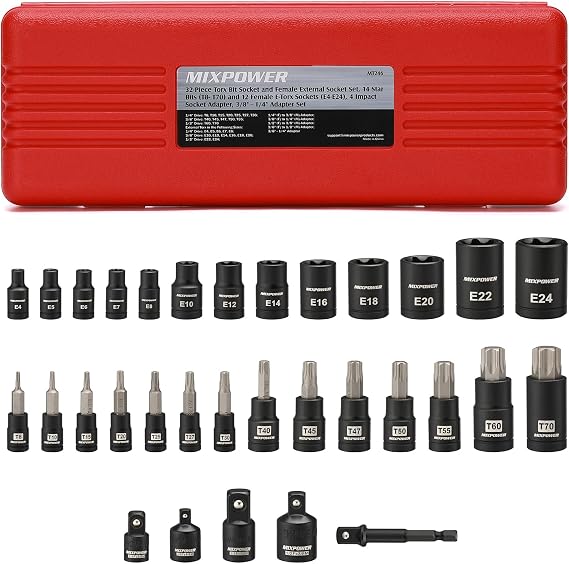 MIXPOWER 32PCS Torx Bit Socket Set, 14 Star Bits (T8-T70)& 13 E-Torx Sockets (E4-E24), 1/4" & 3/8" & 1/2" Drive, CR-V & S2 Alloy Steel