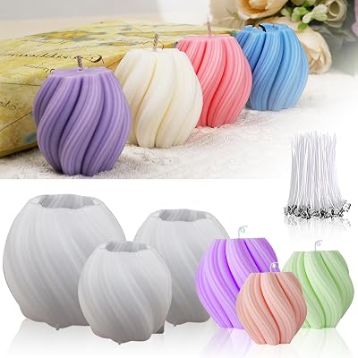 3 Pack Silicone Candle Molds with 10 Wax Cores - Wave Spiral Cylinder Shapes for Handmade Aromatic Candles,Soap Making, Wax Melts, Resin Casting, DIY & Home Decor