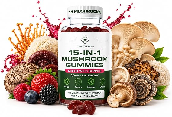 15-in-1 Sugar-Free Mushroom Complex Gummies 10:1 Extract - Lion's Mane, Cordyceps, Chaga, Reishi, Turkey Tail, Tremella & More for Memory, Focus, Immunity - 90 Wild Berry Gummies