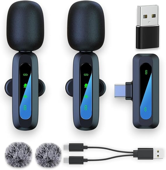 2-Pack Wireless Mini Microphone for iPhone 15,16,17, Lavalier Microphone for Video Recording, 2 In 1 Noise Reduction Lapel Mic For Android, Ipad, PC Mini Mic with USB-C for Content Creators Potcast