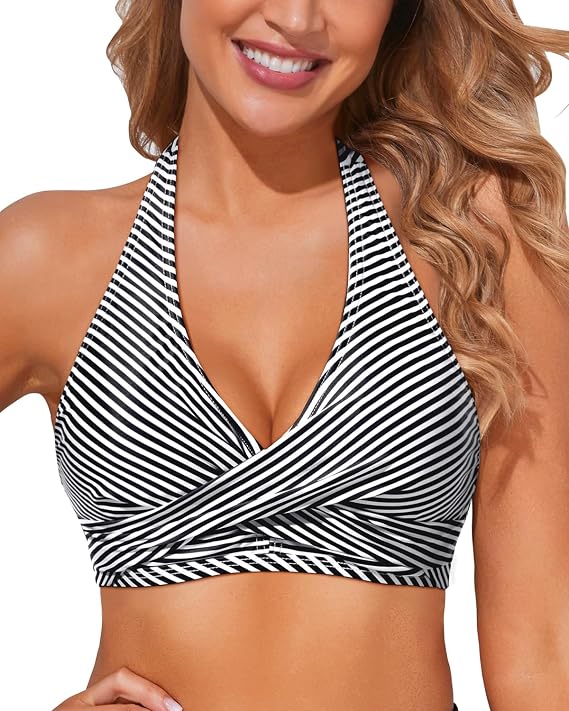 Holipick Women Halter Bikini Tops - Push Up Bathing Suit Top V Neck Full Coverage Swimsuit Top Only