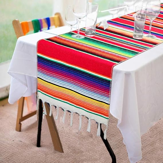 Fowecelt Mexican Serape Table Runner 14 x 84 Inch for Mexican Party Wedding Decorations Outdoor Picnics Dining Table, Fringe Cotton Handwoven Table Runners