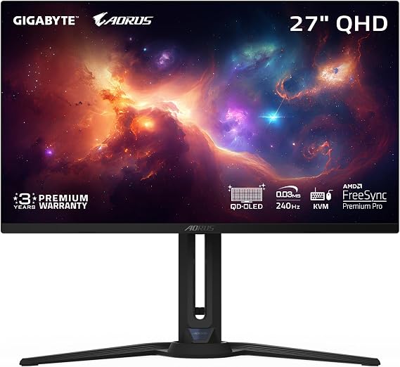 GIGABYTE - AORUS FO27Q2 (SA) - 27" QD-OLED Gaming Monitor - QHD 2560x1440-240Hz - 0.03ms GTG - AMD FreeSync Premium Pro - Type C KVM - HDMI, DP, Type C - Height Adjustable - Black