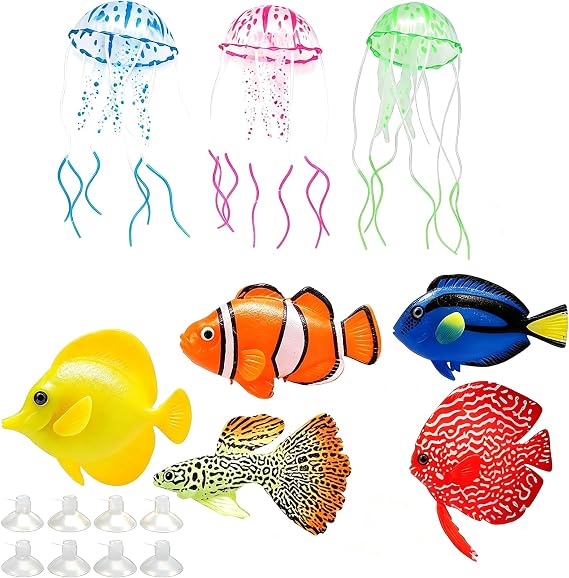 HERCHR 8Pcs Artificial Fish, Aquarium Fish Tank Decoration Ornament, Silicone Jellyfish Glowing in The Dark Colorful Artificial Fake Jellyfish Aquarium Decoration