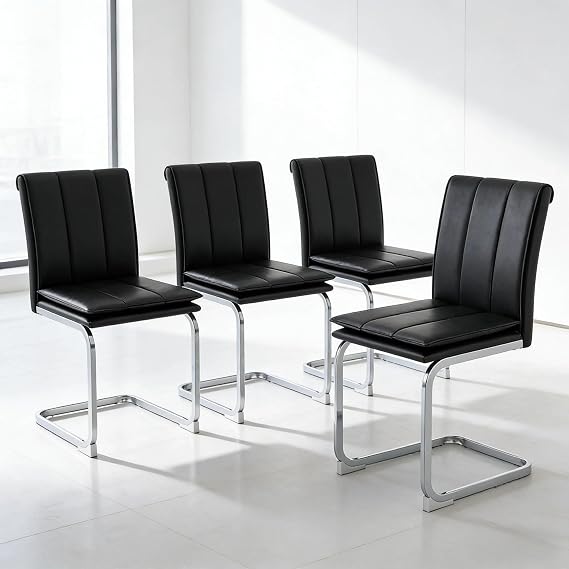 Modern Dining Chairs Set of 4,PU Leather Black Kitchen Chairs with Thickened Cushion & Padded High Back, Accent Side Chair with Silver Metal Legs