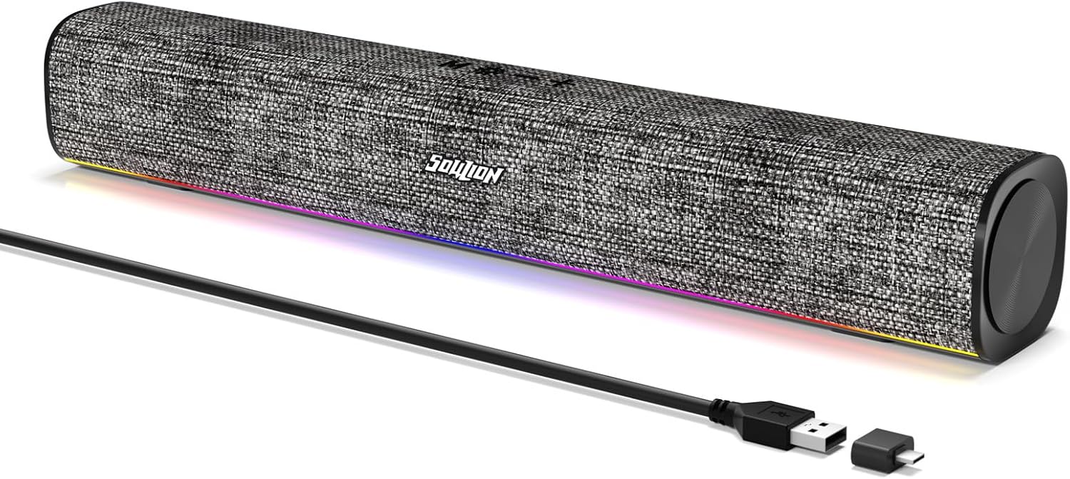 SOULION R100 PC Speakers, Bluetooth Computer Speakers with Dynamic Lighting Sync with Music Beats, PC Soundbar for Desktop, Laptop, USB PoweredUSB-C Adapter Included