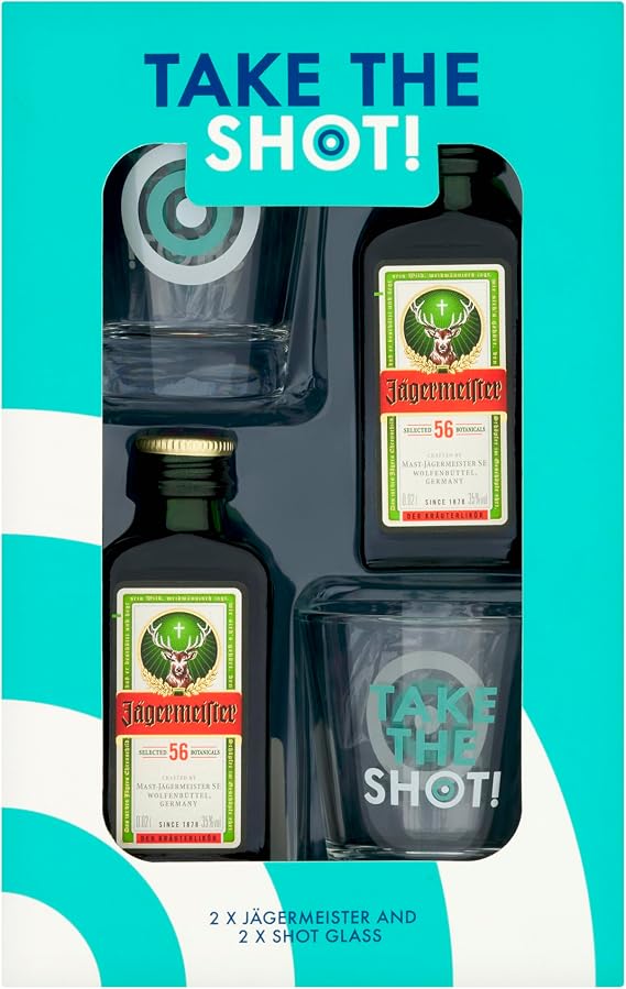 Take the Shot Jägermeister Gift Pack – 2 x 5cl Miniatures with Two Branded Shot Glasses – By Blue Tree Gifts