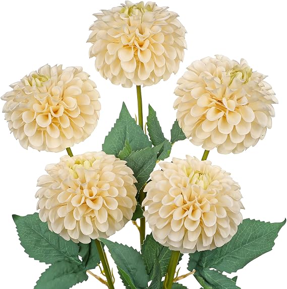 Hollyone 5PCS Artificial Dahlia Flowers Large 21.2" Fake Silk Flowers White Real Looking Dahlia with Long Stems for DIY Wedding Bouquets Centerpieces Arrangements Bridal Shower Party Home Decorations