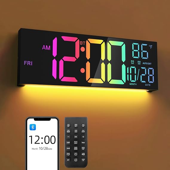 16.5" Large LED Digital Wall Clock with Bluetooth Sync, Night Light, Dimming, 2 Alarms, RGB Color, Temperature, Remote Control, 12/24H, Timer for Living Room, Bedroom, Gym, Office
