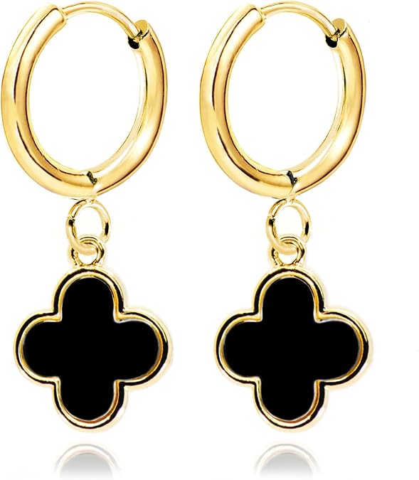 Four Leaf Clover Dangle Earrings for Women 14K Gold Plated White Mother of Pearl/Black Onyx/CZ Diamond Lucky Clover Charm Drop Huggie Hoops Earrings [CVRE]