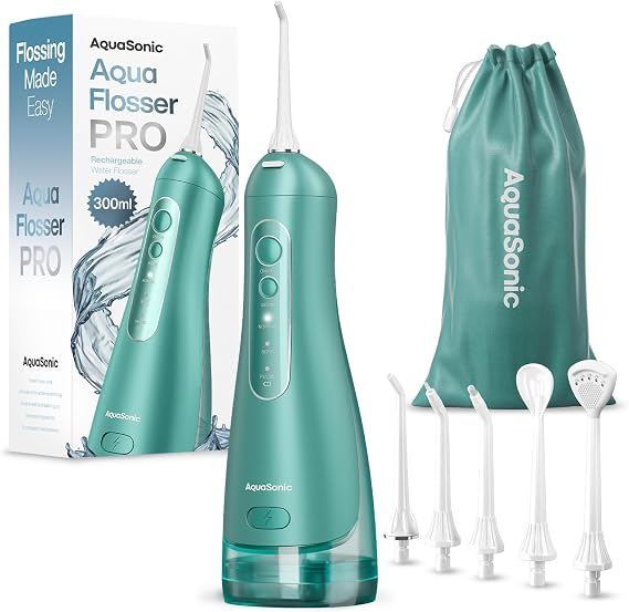 AquaSonic Aqua Flosser PRO - Rechargeable Electric Cordless Water Flosser for Teeth, Gums & Tongue - Waterproof Modern Design, 300ml Large Tank, 3 Modes, 6 Jet Tips, Deluxe Tongue Nozzle - Green