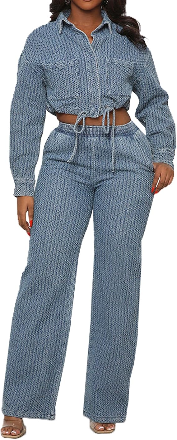 cffvdiz Women's 2 Piece Sets Long Sleeve Button Down Denim Crop Top and Stretch Waist Straight Leg Jeans Denim Outfits