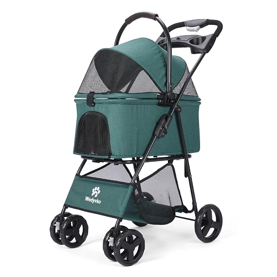 Pet Strollers, Foldable Cat Dog Pet Dogs Stroller with Storage Basket, 360 Front Wheel Rear Wheel with Brake, Lightweight Travel Stroller for Small Medium Dogs&Cats (4 Wheels, Dark Green)