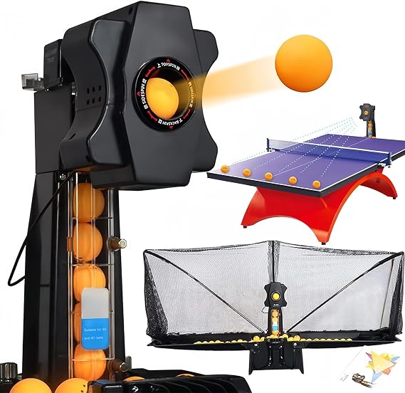 Table Tennis Robot, Automatic Ping Pong Robot Machine for Training, Upgrade Ping-Pong Ball Serving Machine, Multi-Rotation Multi-Drop, with Practice Recycle Net and 100 Balls