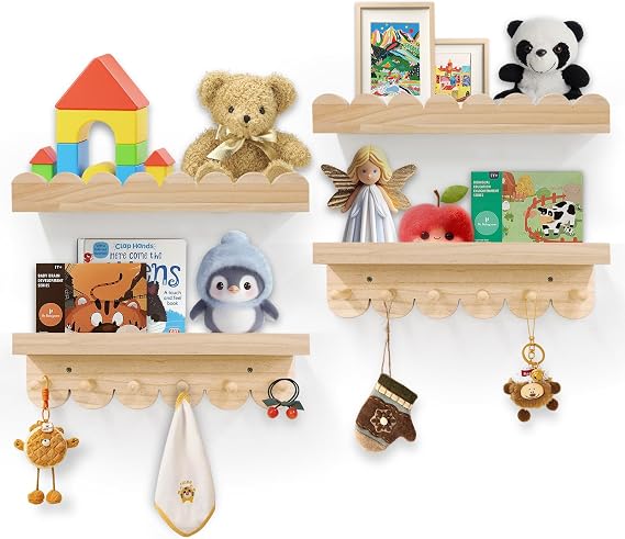 Floating Nursery Book Shelves for Wall, 16'' Wood Book Shelf for Baby Boys Girls Bedroom Bathroom and Decor Storage, Wall Shelf for Books, Plants, Toys, Photo Frames (Wooden, 4 Pack)