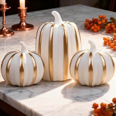 3PCS Resin Pumpkin Statues Fall Pumpkin Decor Thanksgiving Decorations White and Gold Line Pumpkins for Table Centerpiece for Farmhouse Fall Gift Kitchen MantelGold Line