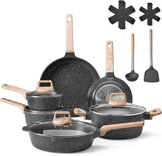 VEVOR 17 Piece Pots and Pans Set Nonstick, Granite Cookware Set, Induction Cookwares, Kitchen RV Cooking Sets with Frying, Sauce, Saute, Tempered Glass Lids, and Pan Protectors, Black