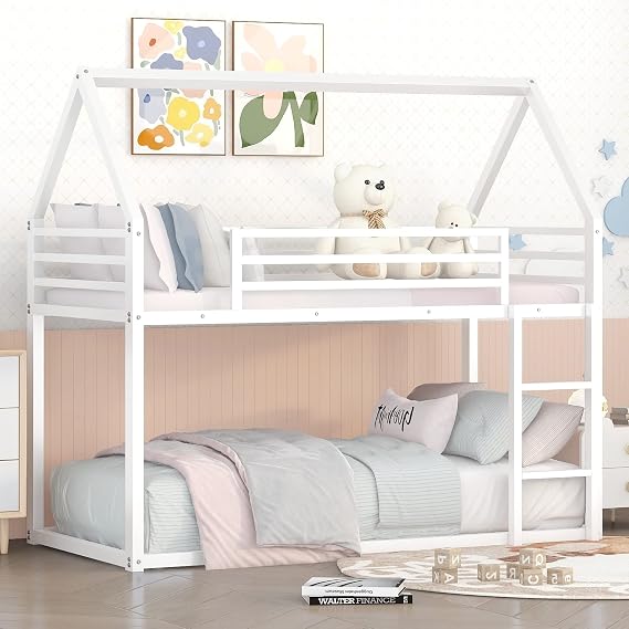 Bellemave Twin House Bunk Beds Metal Floor Bunk Bed Frame Twin Over Twin Loft with Convertible Bottom Bed for Kids Toddlers Bedroom, White