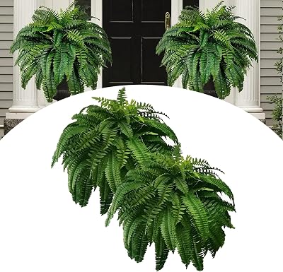 Artificial Ferns for Outdoors, Realistic Faux Boston Ferns Set of 2  60 Branches Each  UV Resistant Greenery, 35 Inch Large Fake Plants for Planters, Porch, Garden & Indoor Decor