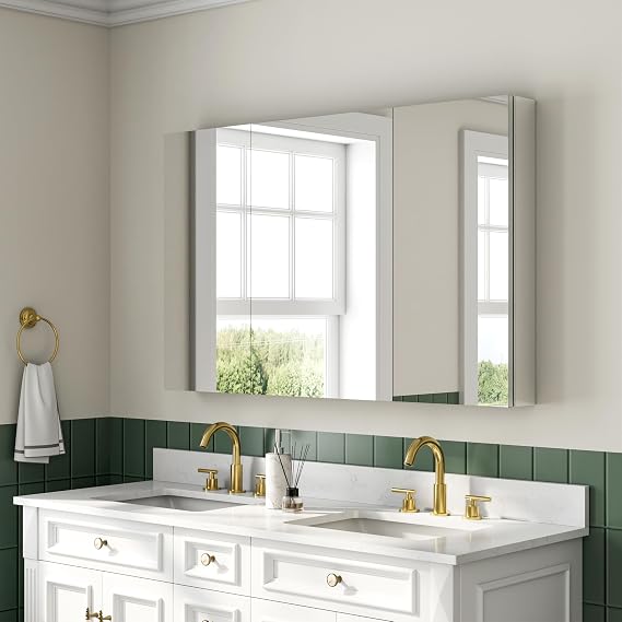 Bathroom Medicine Cabinet with Mirror, Bathroom Cabinet with Adjustable Glass Shelves, Anodized Chrome Aluminum Mirror Cabinet, Reverse Door Installation, Wall or Recessed Mount, 48" x 30"