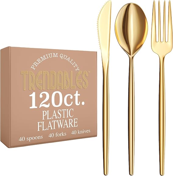 Gold Plastic Silverware Set Gold Silverware Disposable Forks and Spoons Disposable 120 Pack Plastic Utensils Set Includes 3 x 40 each Knives & Spoons & Forks For Parties and Events by Trendables