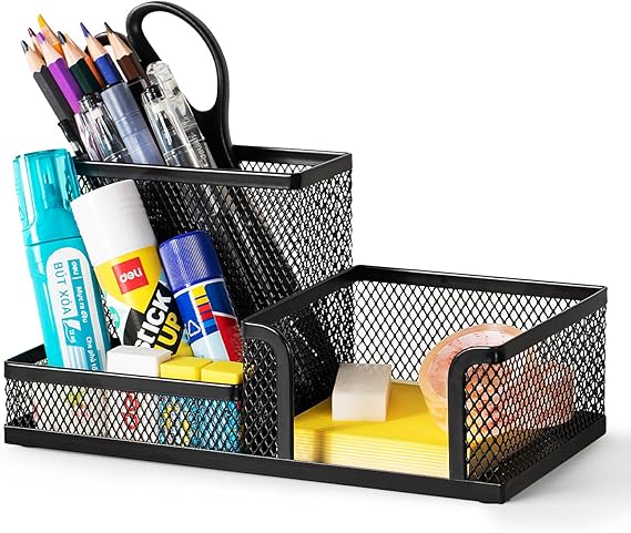 deli Mesh Desk Organizer, Black | Office Supplies Caddy with Pencil Holder and Storage Baskets for Desktop Accessories, 3 Compartments