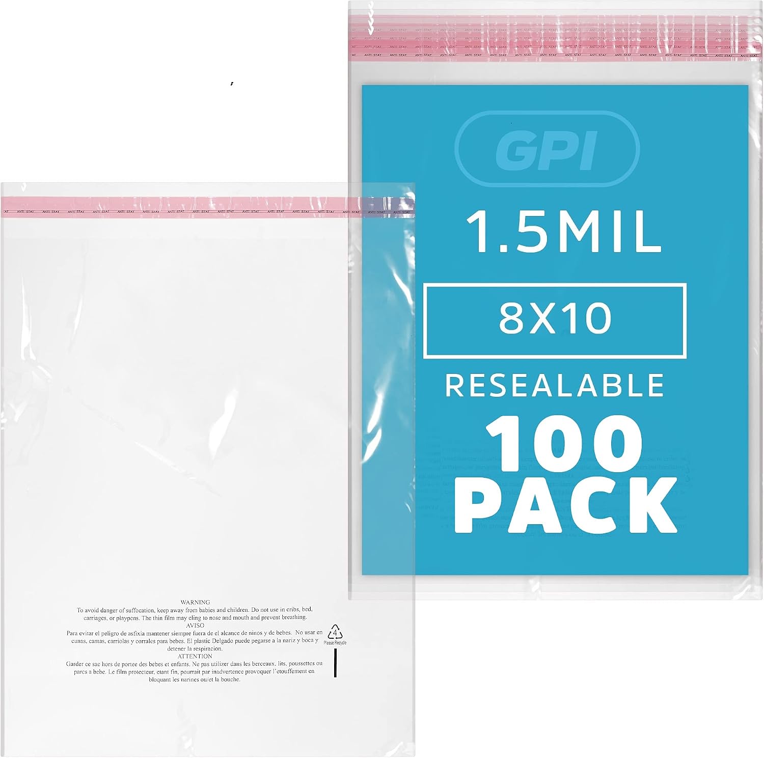GPI - Pack of 100 7" X 11" Clear Self Seal Poly Bags, 1.5 Mil - Peel & Seal Resealable Polybags with Adhesive Strip & Suffocation Warning for Packaging & Shipping T Shirts Clothing.