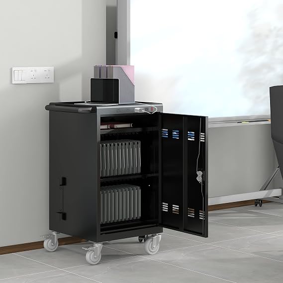 SLEERWAY 30 Devices Mobile Charging Cart Cabinet, Storage Cart for Ipads, Chromebook, Tablet, Laptop, Computer Charging Station for Classroom, Up to 16-in Screen Size, Safe Locking (2022 Upgraded)