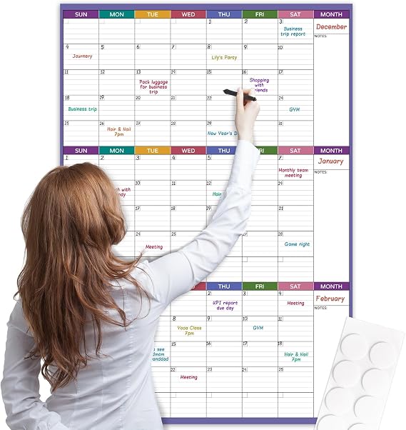 Dry Erase Calendar for Wall - Undated 3 Month Wall Calendar, 28'' x 40'', Erasable & Reusable Wall Calendar, Dry Erase Calendar for Home, Office and School, 10 Round Stickers