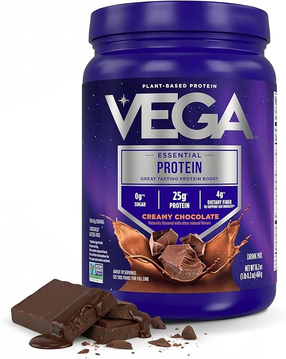 Vega Essential Protein 25g Vegan Protein Powder, Creamy Chocolate for a High Protein, Zero Sugar Shake Small Tub, 16.2oz (10 Servings)