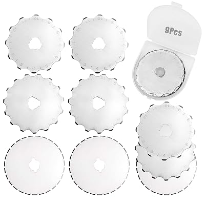 Yakamoz 45mm Crochet Edge Rotary Cutter Blades - 9Pcs Skip Stitch Blade Perforating Replacement Rotary Blades Fits for Fiskars Olfa, Fabric Leather Paper Cutting Tool 12, 15, 27 Teeth