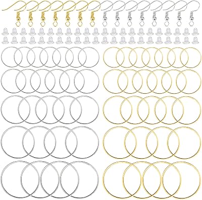 300Pcs Round Earring Beading Hoop Set for Jewelry Making,100pieces Beading Hoop Rings Open Bezels Linking Rings 100pieces Earrings Hook 100Pcs Earrings Backs for DIY Craft Earring Necklace