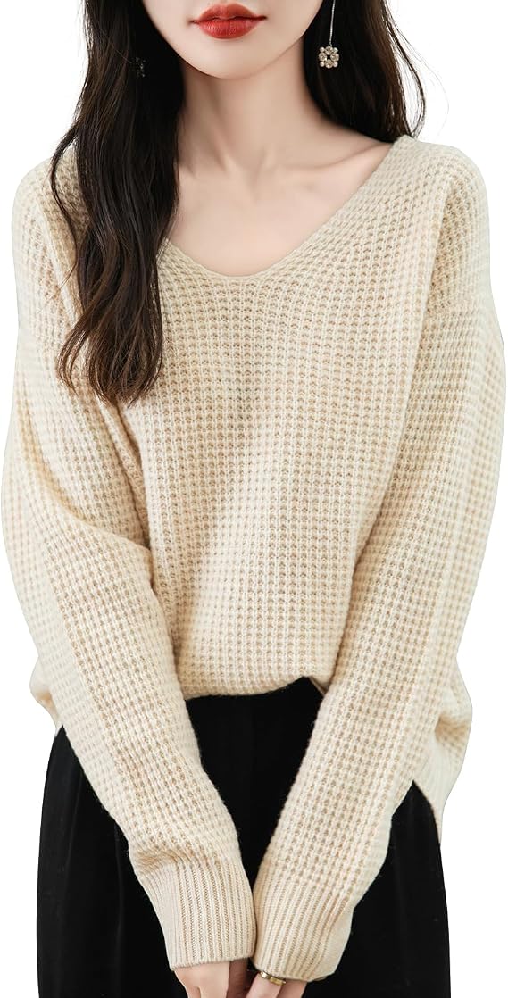Chanyarn Women's 100% Merino Wool Sweater 2025 Fall Winter Casual V Neck Long Sleeve Waffles Knit Sweater Pullover
