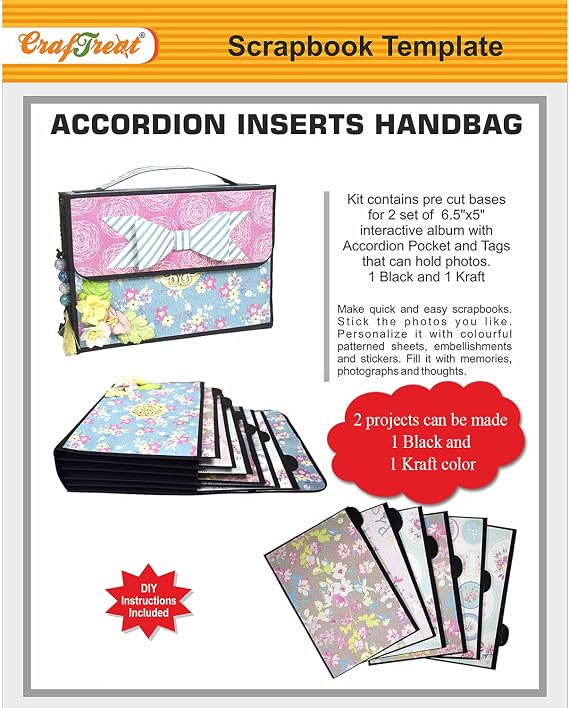 CrafTreat Accordian Scrapbook Album for Anniversary - Contains Precut Base for Making 2 Albums of Accordian Inserts Handbag (1 Black and 1 Kraft) 6.5X5 - Memories DIY Scrapbook for Birthday