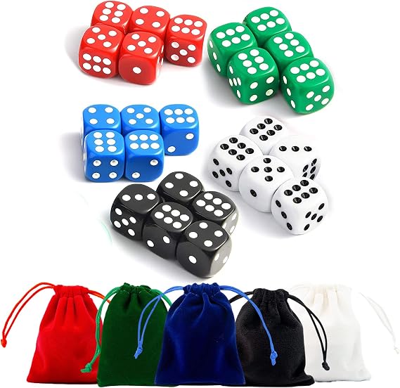 DFsucces 25 Six-Sided Dice Card Game Board Game 5 Colors Red, Blue, Green, White, Black with 5 Color Storage Bag 5 Colors, 25 Pieces